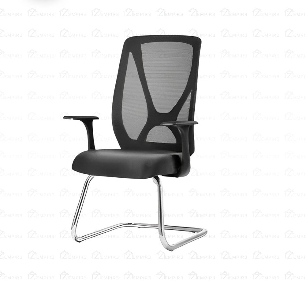 Visitor Chair — Breathable Mesh Black Reception | C-Shaped Metal Base, Fixed Armrests, Electrostatic Coating, Industrial Mesh | H85cm [VR-001]