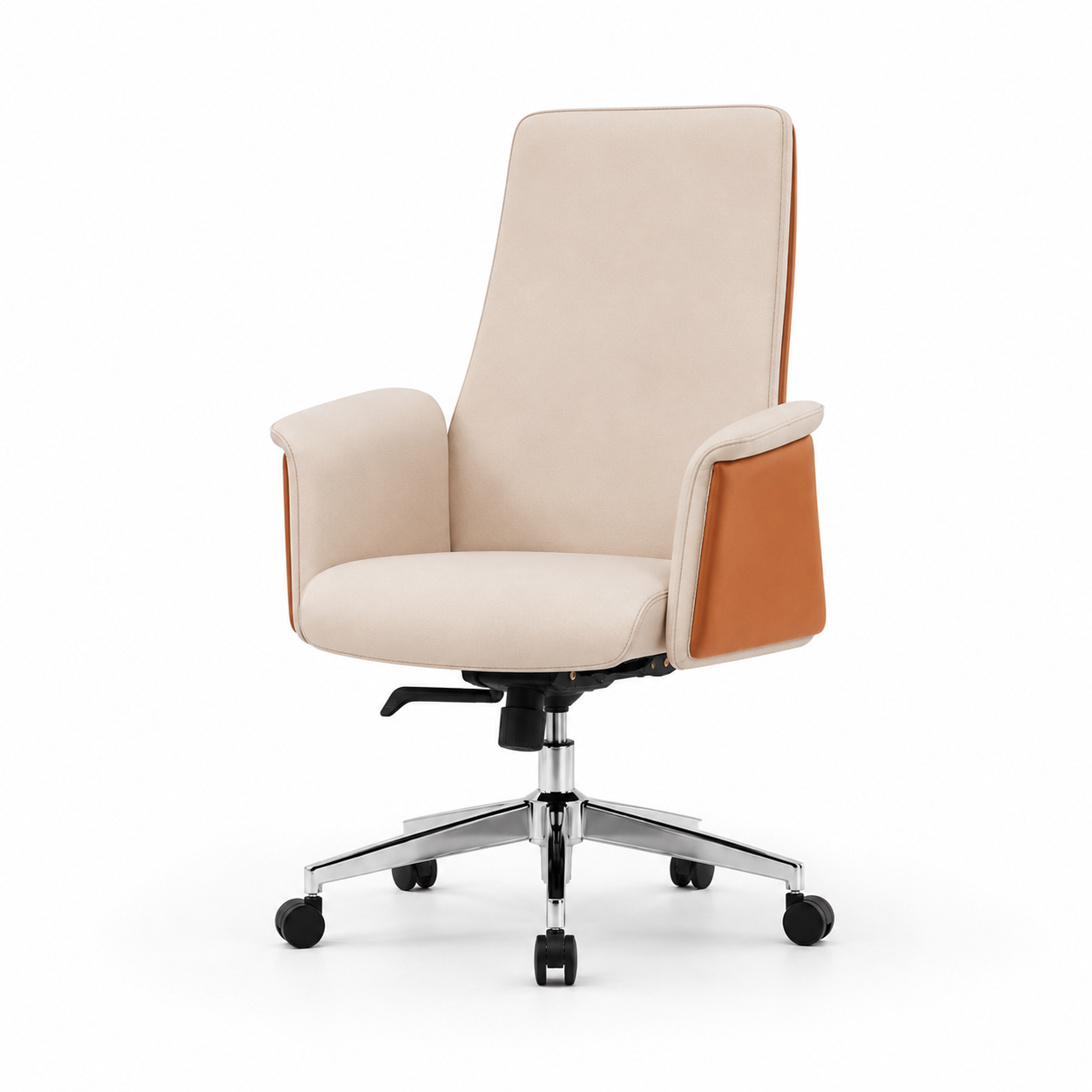Manager Chair — Leather Beige & Cognac | Two-Tone Luxury, Chrome Base, Padded Armrests | H115-125cm [ML-003]