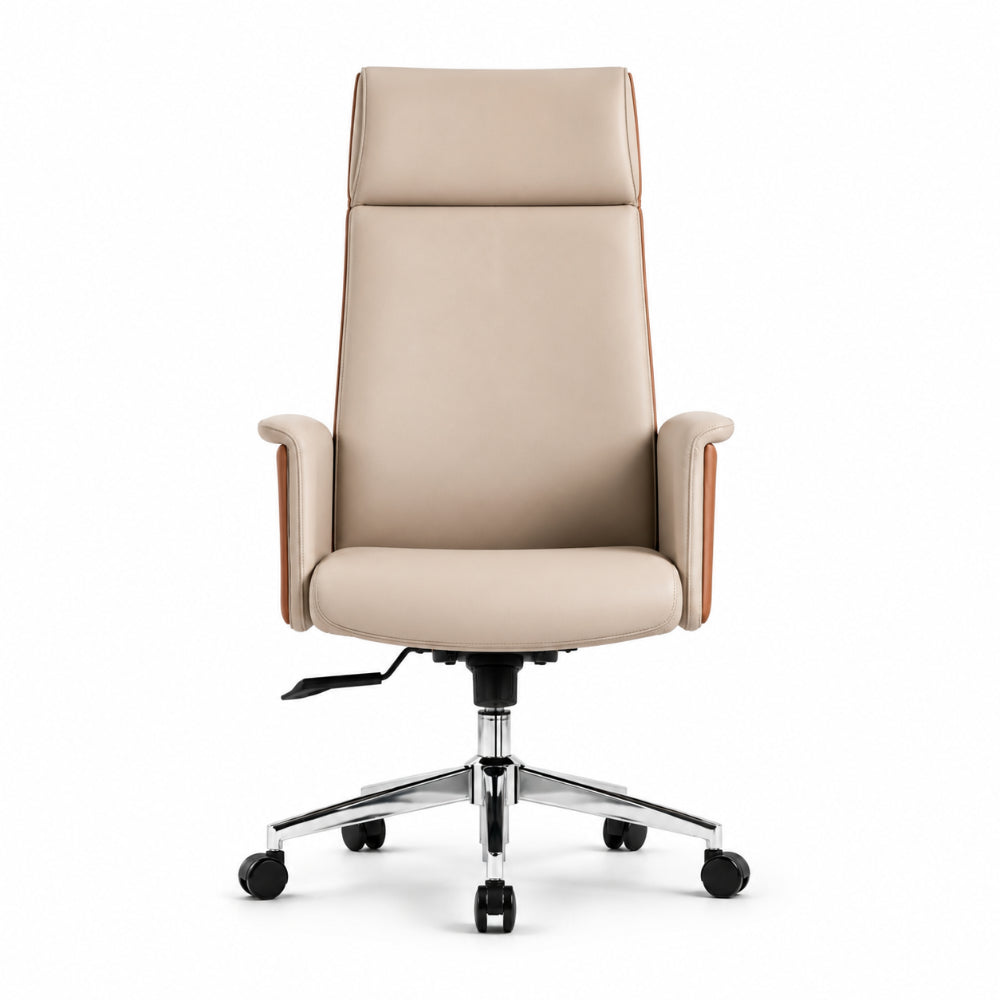 Manager Chair — Leather Beige | Executive BIFMA, Fixed Headrest, Chrome Base, BIFMA Certified | 68×68×117-125cm [ML-004]